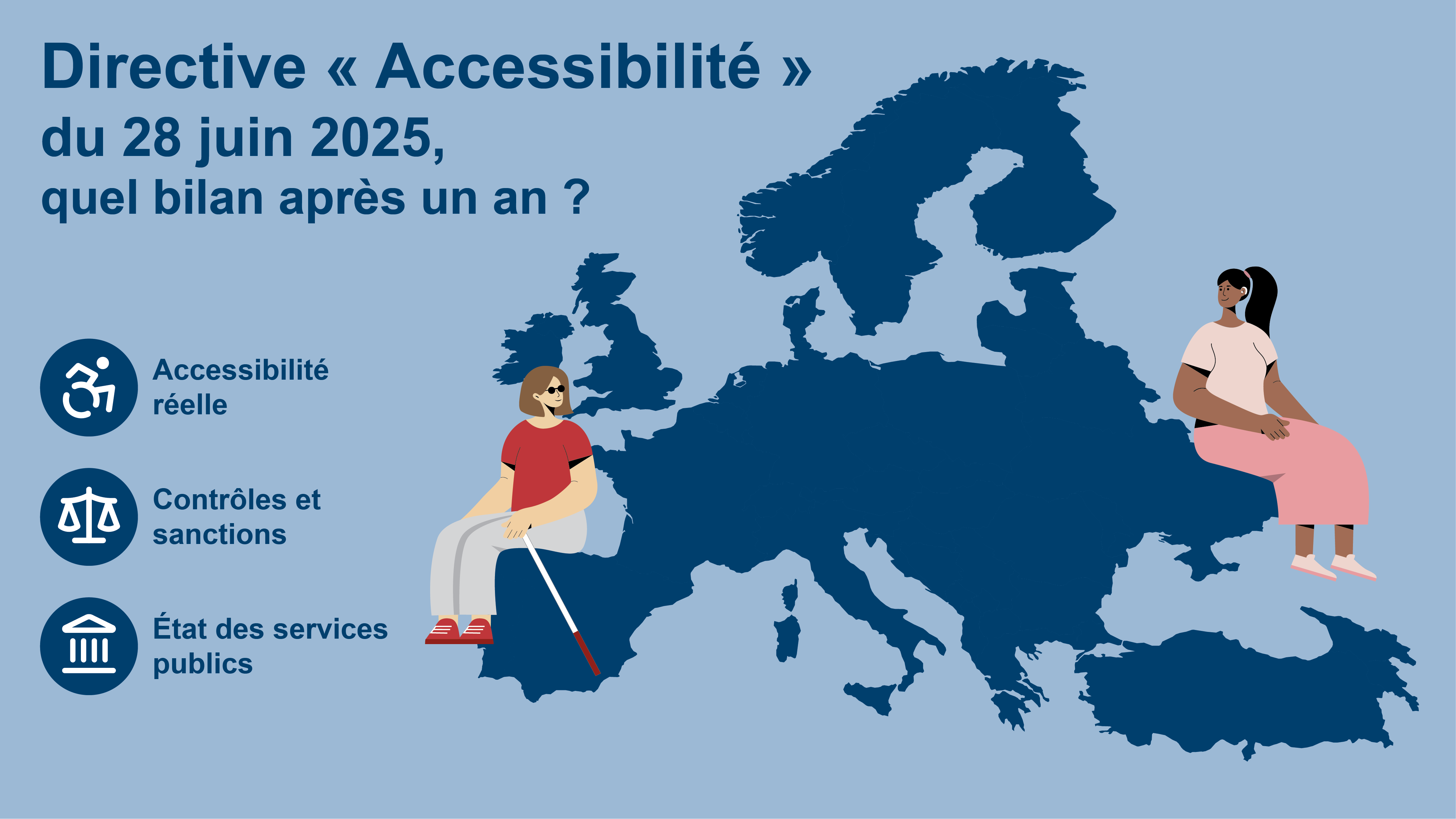 Illustration représentant le bilan de la directive européenne sur l'accessibilité un an après son entrée en vigueur le 28 juin 2025.