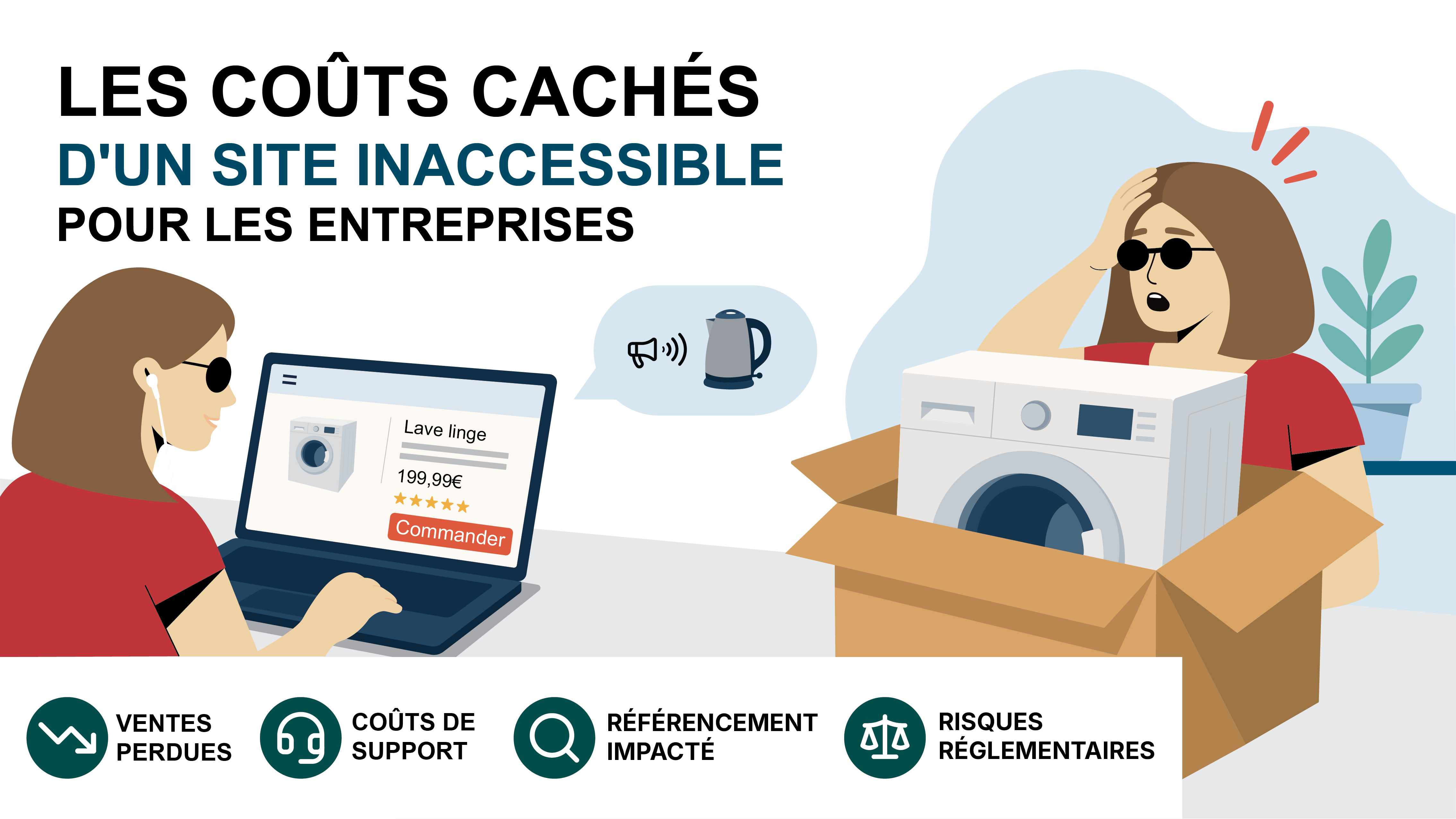Illustration représentant des utilisateurs confrontés à des obstacles d'accessibilité sur un site web, entraînant une perte de revenus et de clients pour l'entreprise.